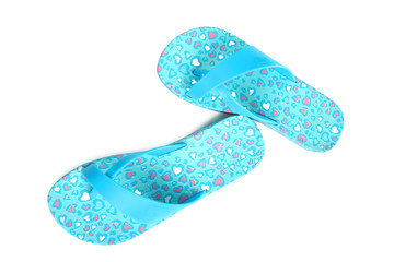 Blue beach flip flops isolated on white background.
