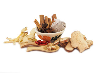 Igredients of soup chinese style for herb and medicine on white