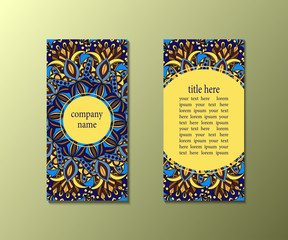 Flyer template with abstract ornament pattern. Greeting card design. Front page and back page. Vector.
