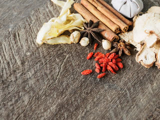 Chinese herb set on wooden background