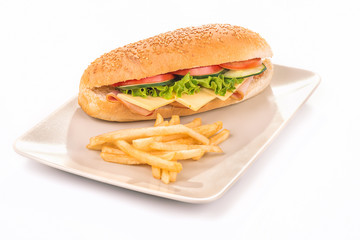 Plate with a sandwich and french fries isolated on a white background