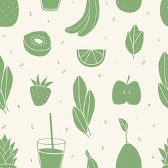 Fruit seamless pattern. Repeated background made of smoothie ingredients. Cropped with clipping mask