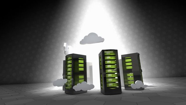 Concept animation cloud computing, server racks technology.	