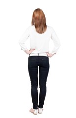 back view of standing young beautiful  brunette woman. girl  watching. Rear view people collection.  backside view of person.  Isolated over white background.