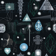 Trendy modern seamless pattern with abstract geometric shapes, crystals, diamonds