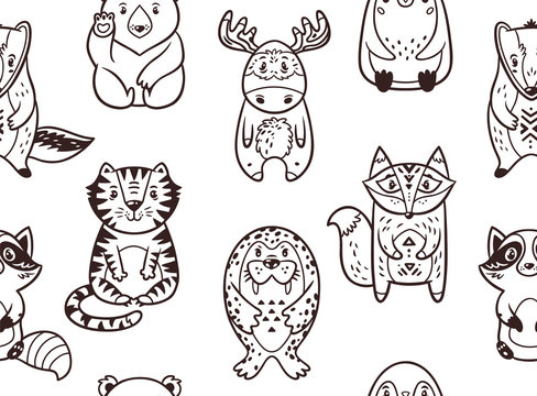 Seamless pattern with funny animals in cartoon. Vector illustration