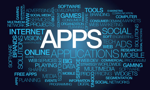 Apps online mobile applications internet app word software programming application widget words tag cloud blue text