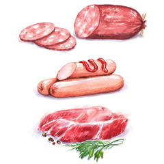 Hand-drawn watercolor illustration of different meat products: fresh meat and sausages. Isolated food drawing - 120155661