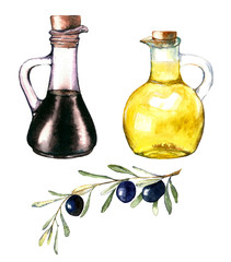 Ręcznie rysowane akwarela ilustracja oliwy z oliwek i octu balsamicznego. Rysunek dwóch butelek na białym tle z gałązką oliwną - 120155674