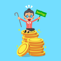 Cartoon senior woman with money coins