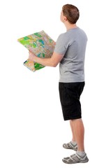 Back view of  journey  young man looking at the map. travelers man in shorts consider recreation. Rear view people collection.  backside view of person.  Isolated over white background.