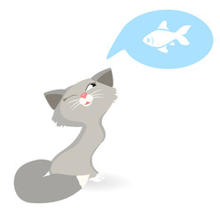Cat dreams of fish. Cat wants to eat fish. Vector illustration.