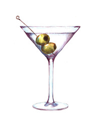 Hand-drawn watercolor illustration of the martini in the glass with green olives. Isolated alcohol drawing on the white background