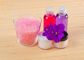 Obraz na płótnie Canvas shower gel, cream and bath salt with violet