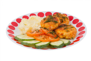 vegetarian food. carrot cutlets, mashed potatoes, vegetables isolated on white