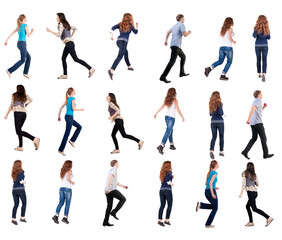 Fototapeta na wymiar collection back view of running people . walking people in motion set. backside view of person. Rear view people collection. Isolated over white background.