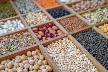 Collection assorted of lentils, beans, peas, grain, groats, soyb