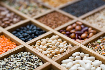 Collection assorted of lentils, beans, peas, grain, groats, soyb