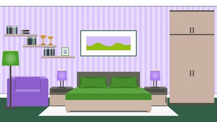Bedroom interior in green and violet colors. Vector illustration