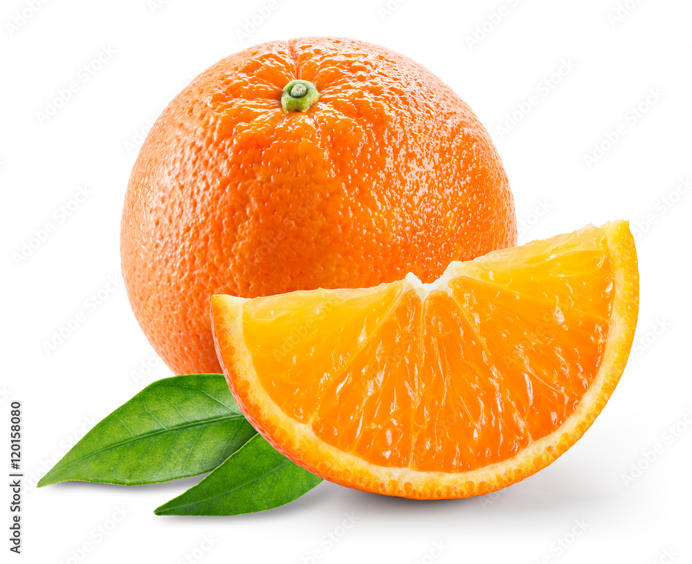 Wall mural Orange fruit with slice and leaves isolated on white background.