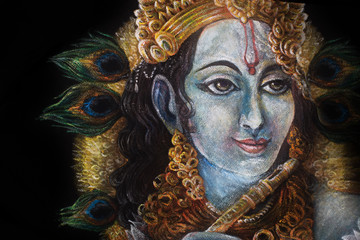 head of krishna with peacock feather and jewelry, hand painted