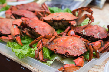 Steamed Crabs on the table at the streed food event