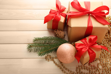 Gift boxes on wooden background