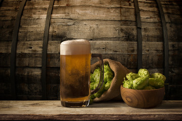 background of barrel and worn old table of wood