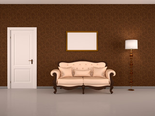 Brown interior with a door, a floor lamp and a blank picture ove