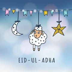 Eid-ul-adha mubarak greeting card with sheep, moon, star and flags. Festive blurred background. Muslim community festival of sacrifice. Vector illustration.