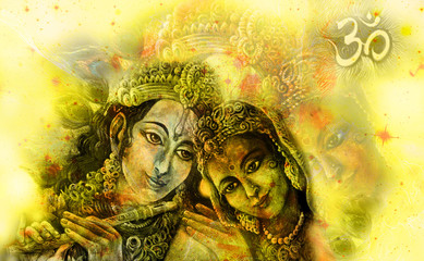 krishna radha couple with sacred symbol, graphic from handpainted original