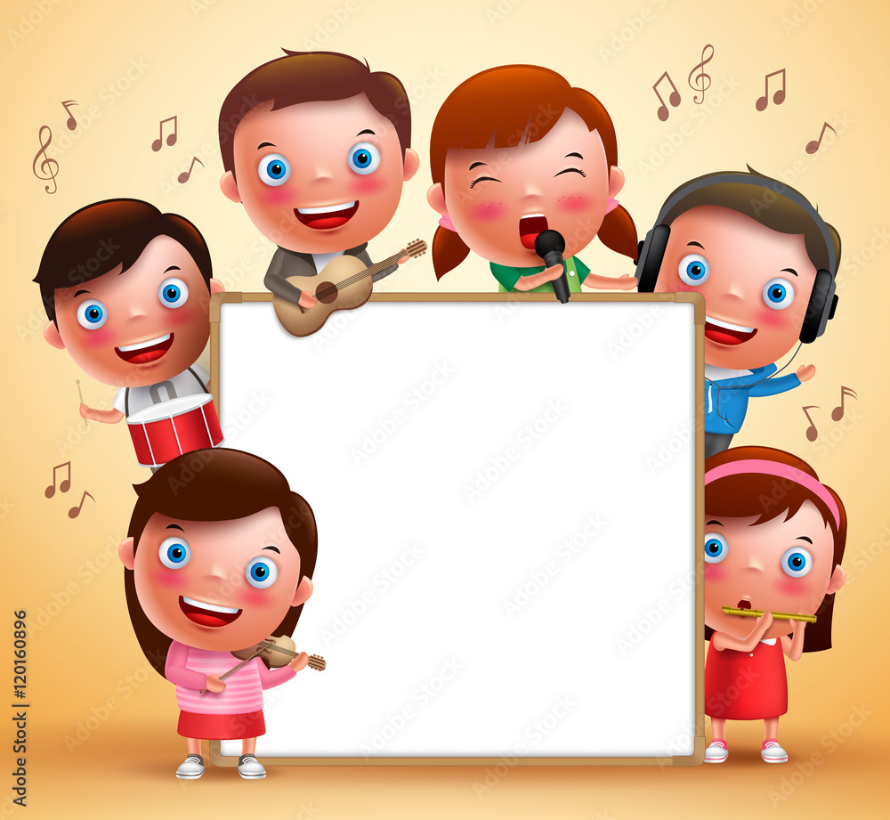 Poster kids vector characters playing musical instruments and singing with blank white board for text. vect