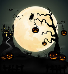 Halloween night background with pumpkin,  castle and full moon