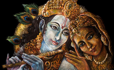 Fototapeta premium divine couple krishna and radha togerher, painting illustration