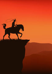 cowboy at the sunset cliff vector illustration