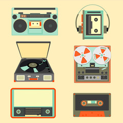Set of retro music gadgets from 21-st century. Old musical devic - obrazy, fototapety, plakaty