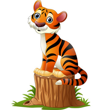 Cartoon tiger sitting on tree stump