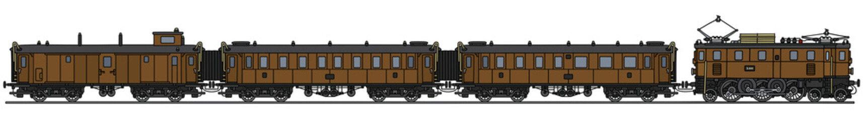 Hand drawing of a classic brown electric passenger train