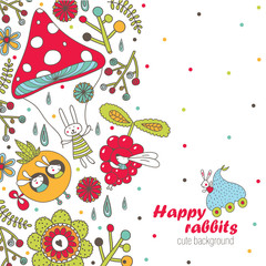 Kids postcard with funny rabbits. Vector illustration.