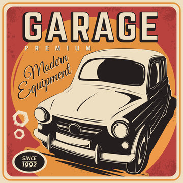 Vector illustration with the image of an old classic car, design logos, posters, banners, signage. Using vintage and grunge style. Retro illustration on the theme of service stations, tire service.