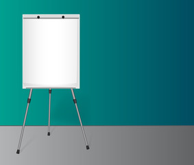 Flip chart with a blank sheet of paper on a tripod near a colored wall in the office.