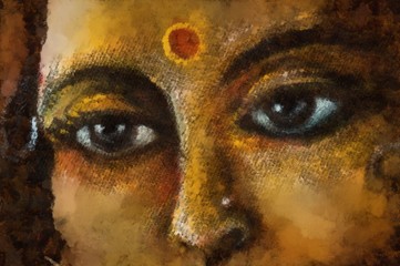 closeup detail of hindu woman eyes with sacred symbol, illustration