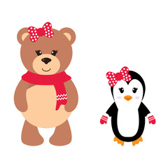 cartoon winter bear and penguin