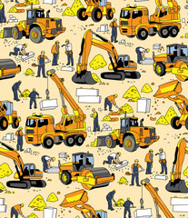 Building people and construction equipment color seamless pattern.