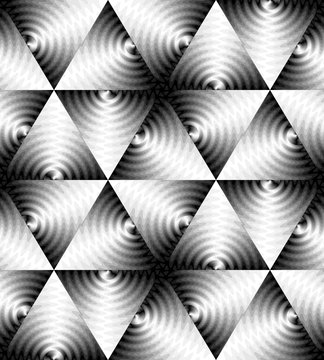 Vector Illustration. Seamless Monochrome Triangle Pattern of Expanding Waves Intersect in the Center. Optical Volume Effect. © nofretka