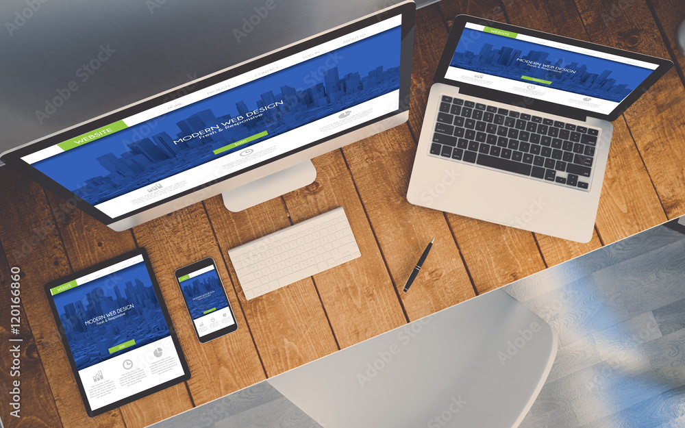 Poster top view workplace with devices showing responsive fresh and mod