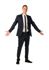 Approachable young business man with open arms isolated