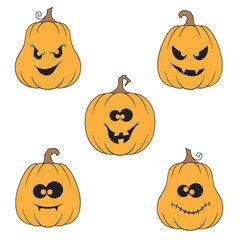 Set of pumpkins with creepy, crazy and funny faces for Halloween design