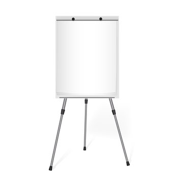 Flip chart with a blank sheet of paper on a tripod in the office.