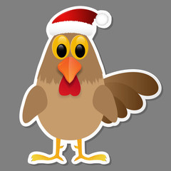 Rooster in Santa hat isolated on grey background.